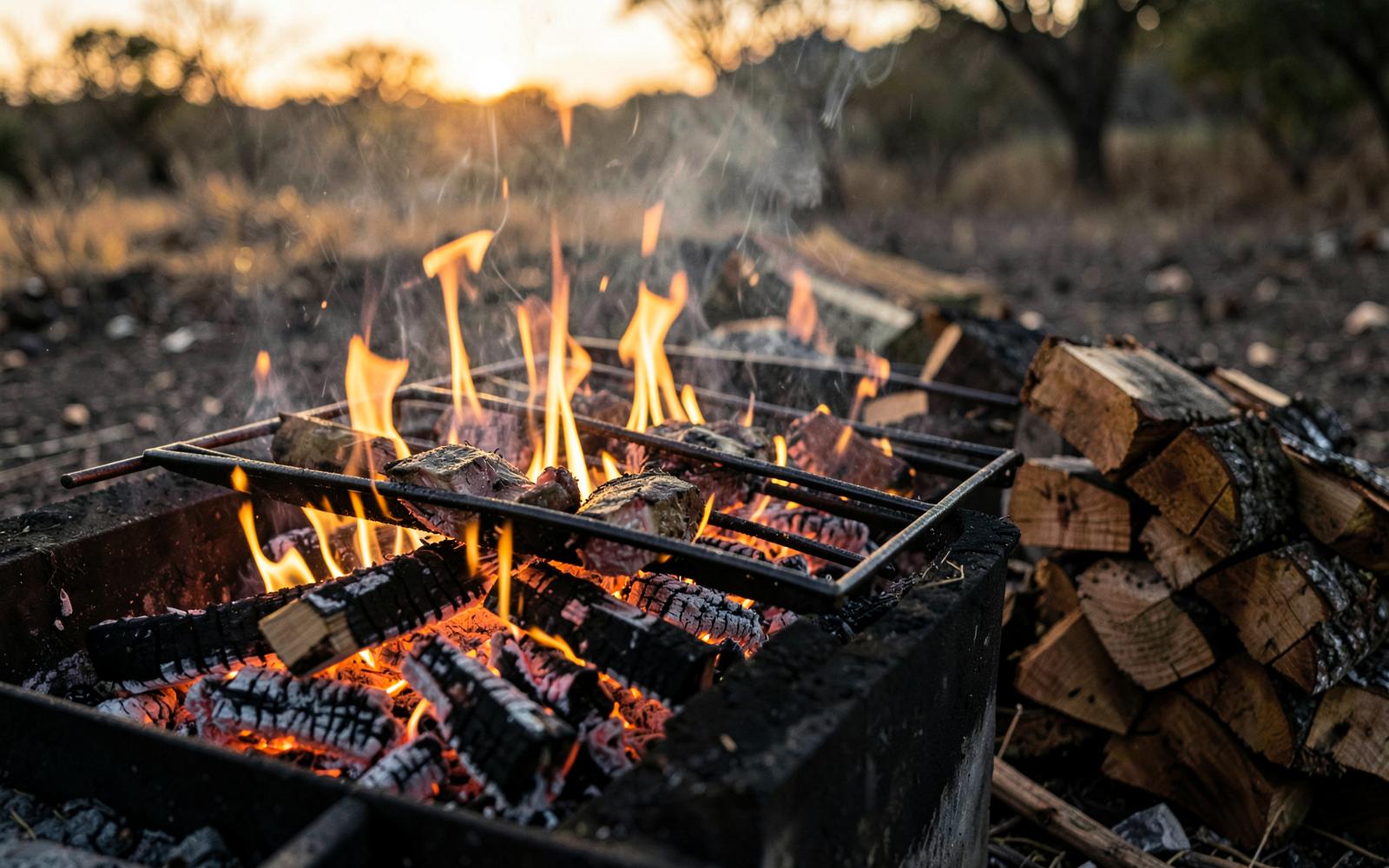 Glowing wood fire prepared for a South African braai